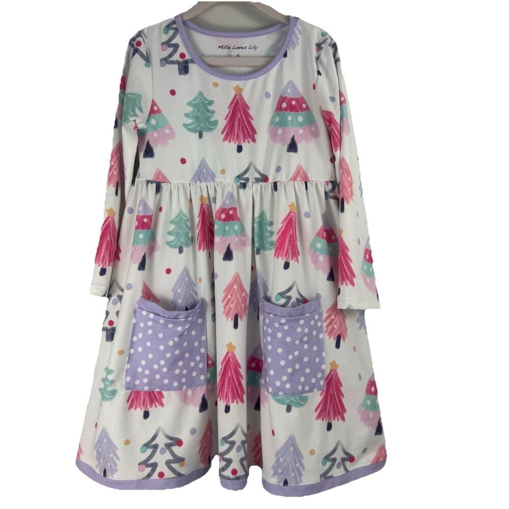 Millie Loves Lily Fit & Flare Lavender Polka Dot Christmas Tree Dress
